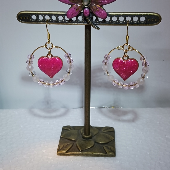 Earrings pink enameled heart charm,clear and pink crystals. - Picture 3 of 6